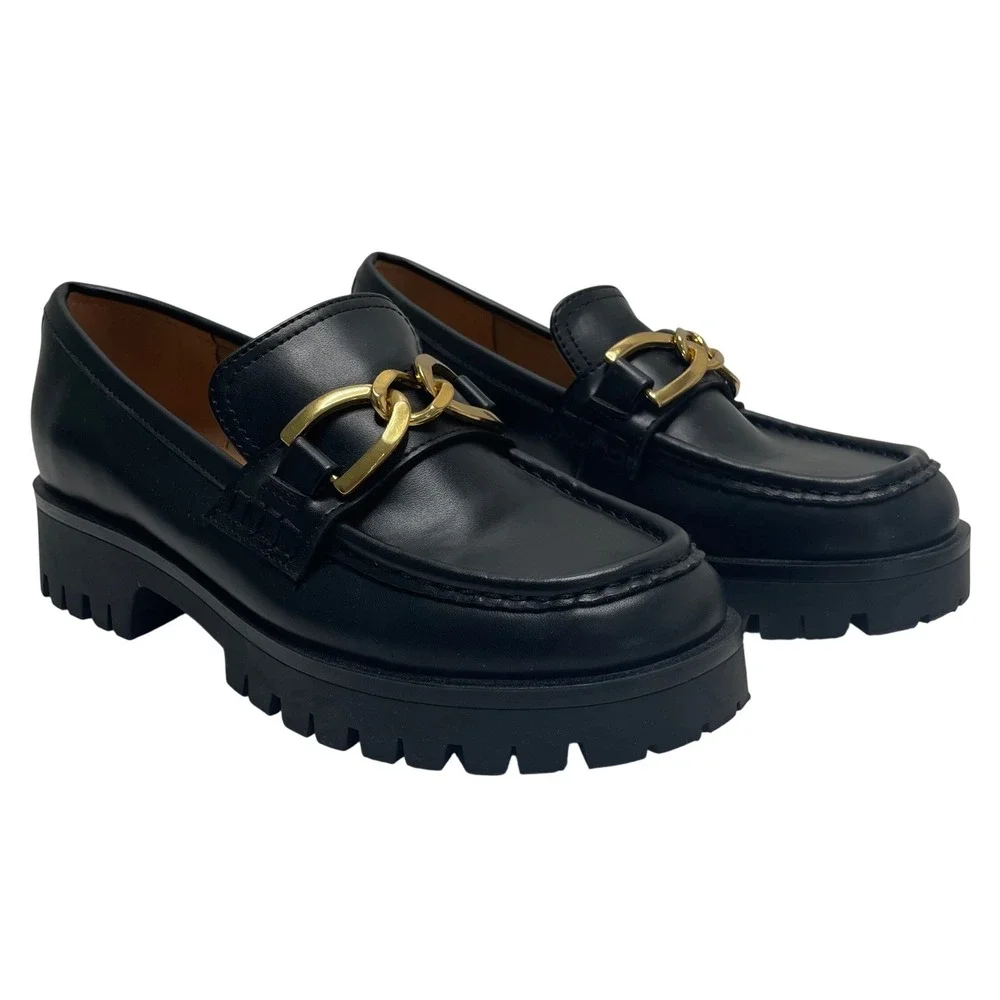 Nine West Black Chunky Platform Lug Sole Loafer Gold Chain Dark Academia Prep 8M
